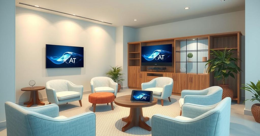 AI technology meeting older customers, with a focus on accessibility and ease of use, in a modern setting.