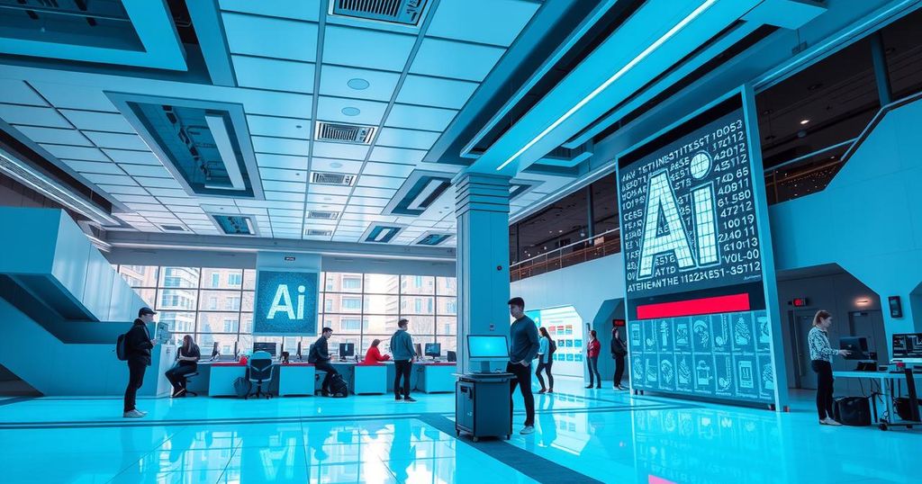 A college campus with modern technology and AI symbols, showcasing innovation in education.