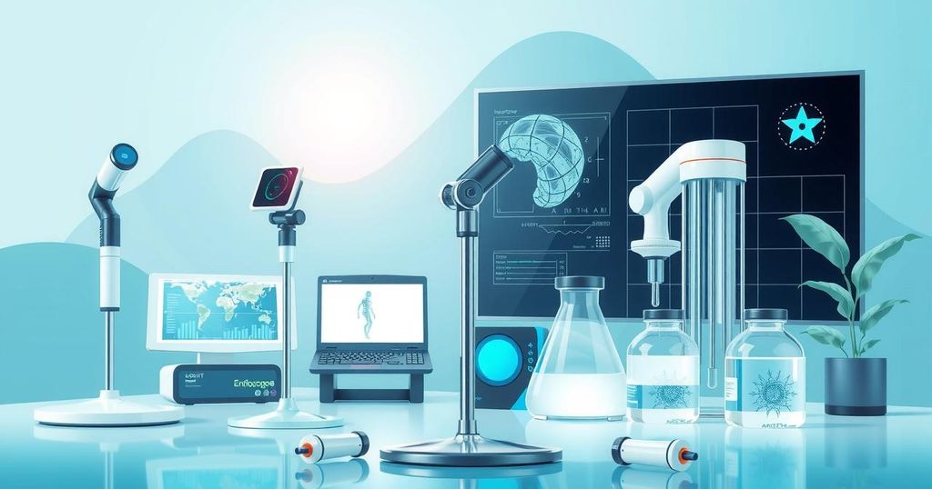 A vibrant illustration depicting innovation in life sciences with clear, advanced technology motifs.