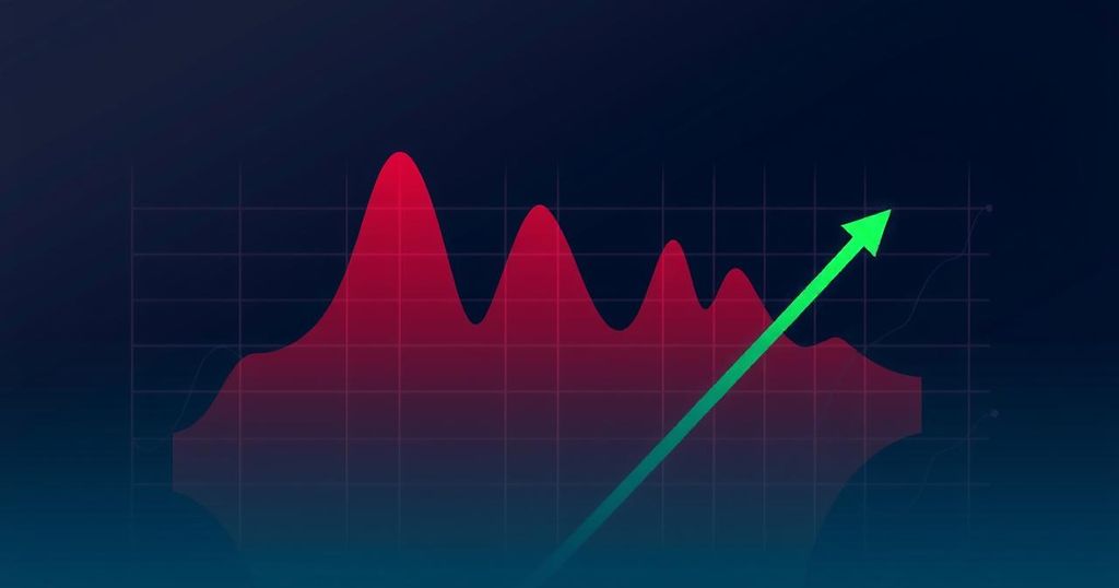 Falling Bitcoin prices represented by a crashing graph with a hint of green upwards movement illustrating recovery.