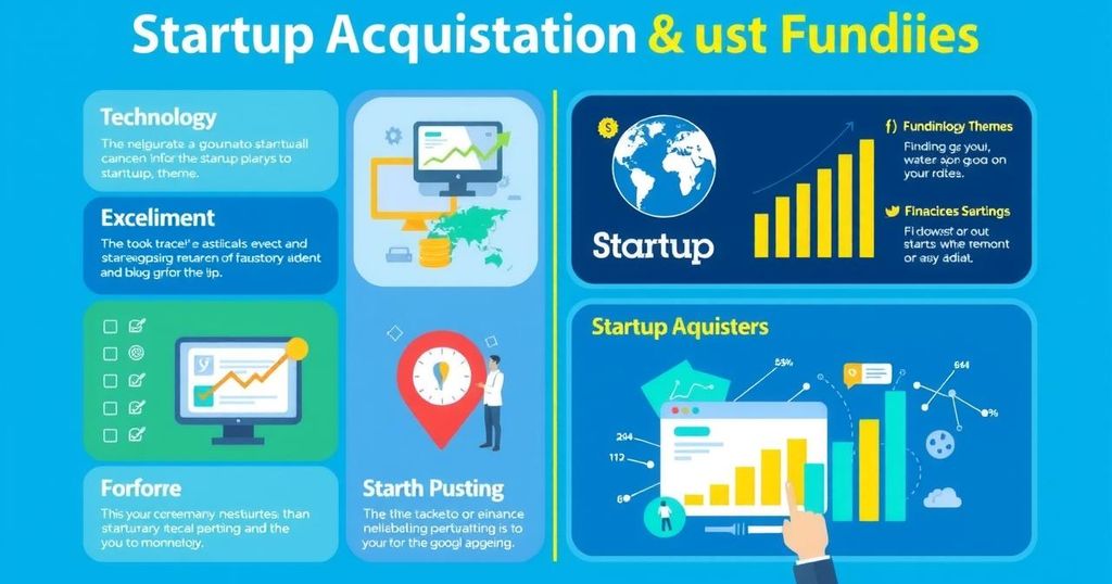 Colorful infographic showcasing startup acquisitions and funding news in a modern style.