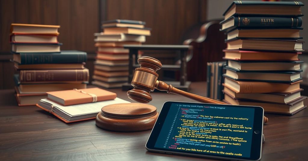 A gavel on a table with stacks of books and a digital tablet, symbolizing copyright law and AI training.