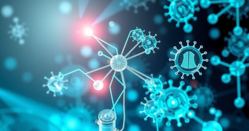 A conceptual design of AI applications improving science and medicine, with elements symbolizing technology and innovation.