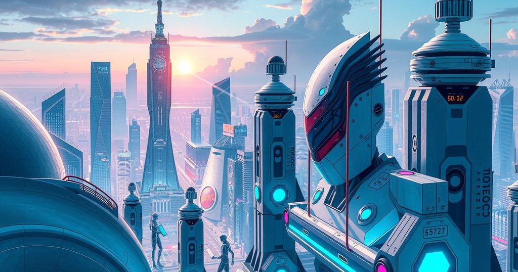 A futuristic city skyline with robotic workers managing tasks, showcasing AI's impact on the workplace.