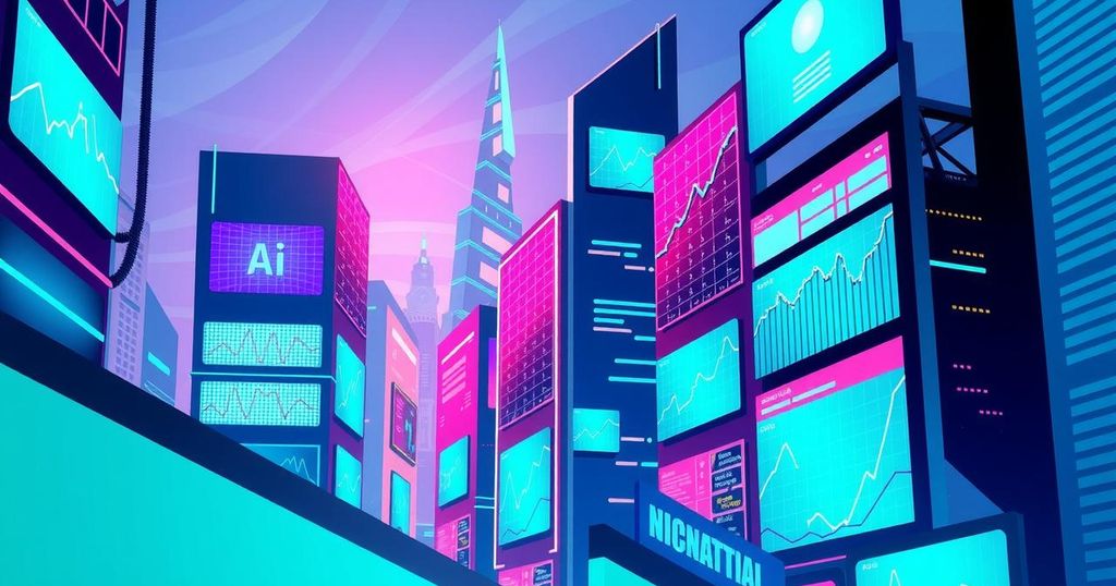 A futuristic cityscape showcasing AI technology under regulation, featuring vibrant colors and a modern artistic style.