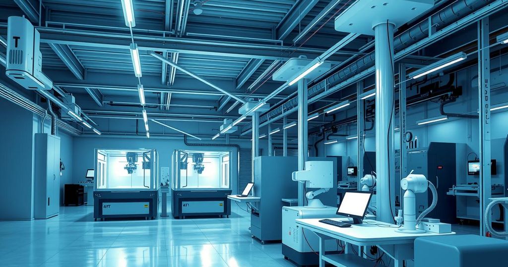 A sleek, futuristic manufacturing facility powered by AI technology, showcasing 3D printers and automated machinery