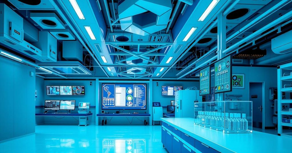 A futuristic lab environment showcasing advanced technology with sleek designs and vibrant blue and green colors.