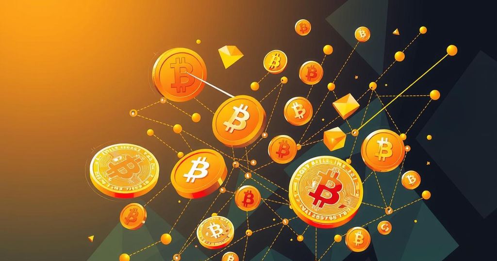 Abstract representation of cryptocurrency investment showing Bitcoin symbols and digital currency icons in golden hues.