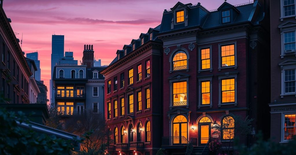 A dramatic representation of a city urban view at dusk, with a posh townhouse in the Soho neighborhood.