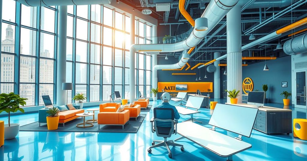 A modern innovation hub showcasing technology development with vibrant colors and a collaborative atmosphere in NYC.
