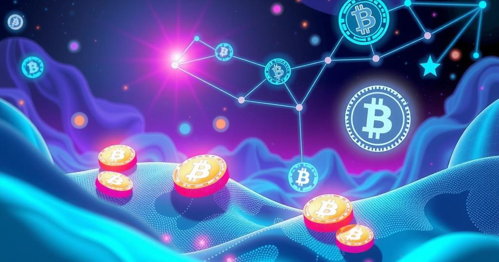 Digital assets innovation with blockchain symbols in a vibrant tech landscape.
