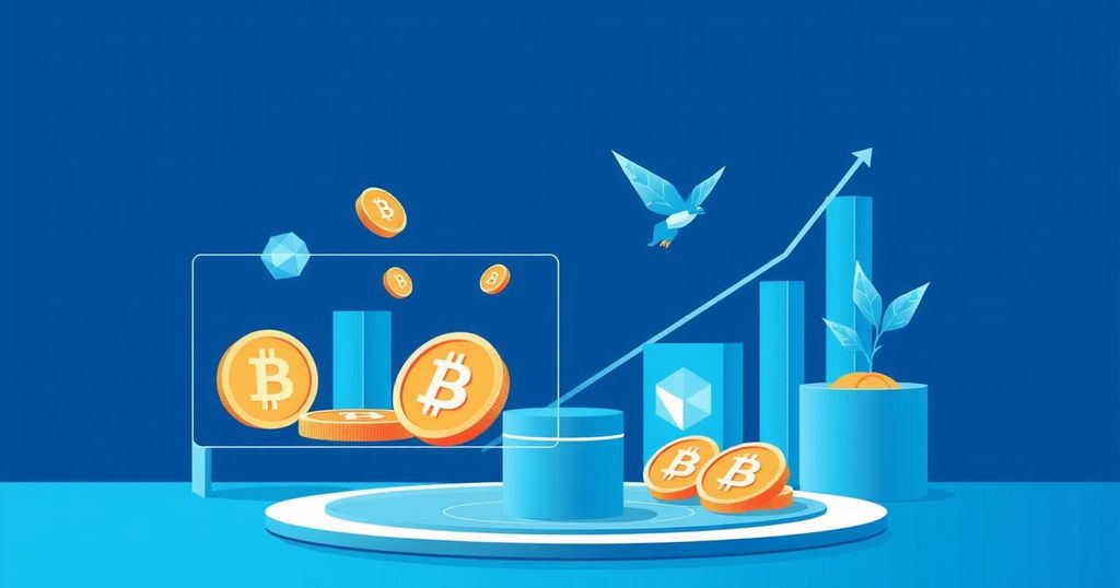 Modern finance concept showing wealth management with crypto elements and blue color scheme in a sleek style.