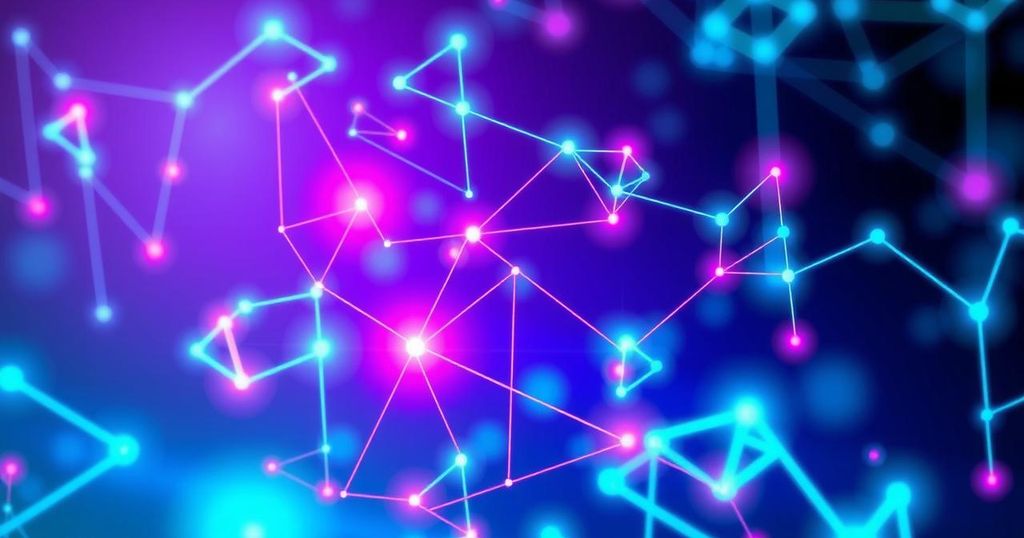 A digital representation of a blockchain network with vibrant colors and abstract geometric shapes.