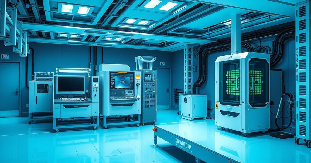 A futuristic quantum chip testing lab with advanced machinery and vibrant colors illustrating innovative technology.