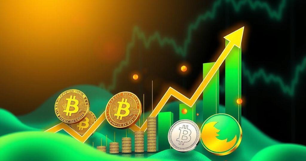 A digital representation of Bitcoin and altcoins rising on a market chart, showcasing trade optimism and growth.