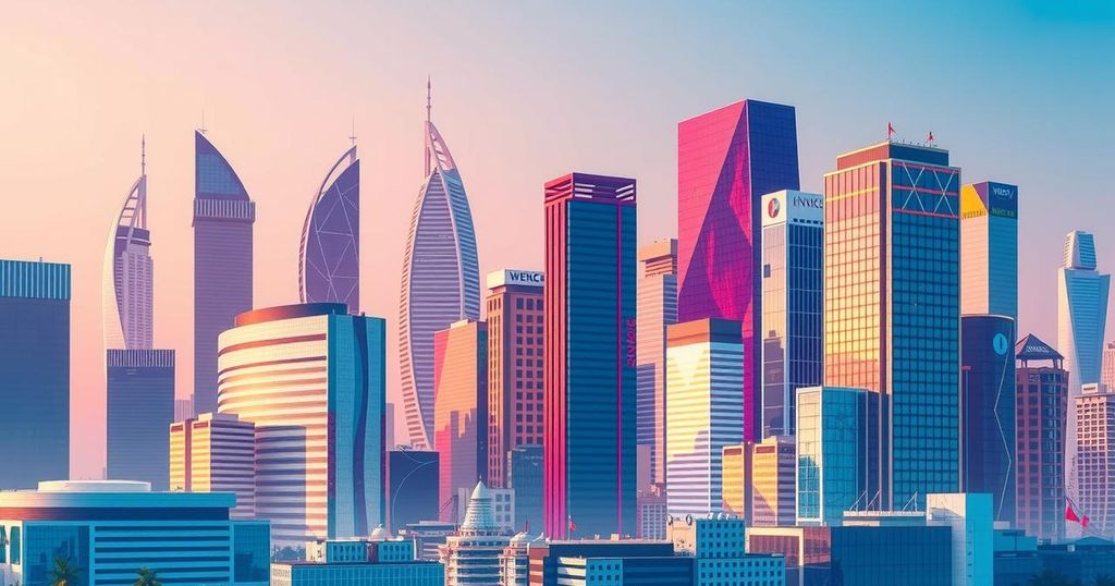 A vibrant city skyline with modern buildings, symbolizing India's tech startup ecosystem and funding growth.