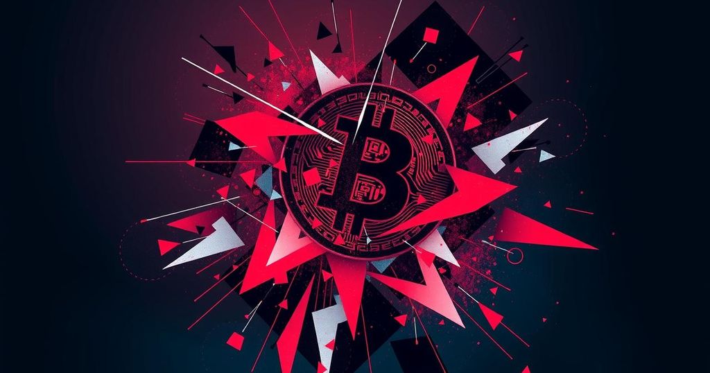 A Bitcoin symbol against a backdrop of geopolitical tension with abstract financial market elements.
