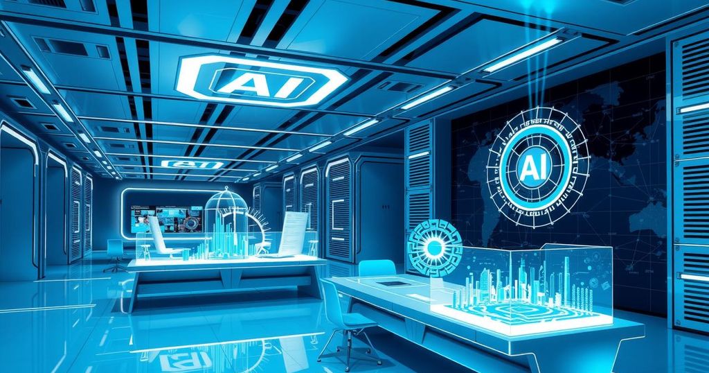 A digital concept representing Generative AI innovation in a corporate environment with futuristic elements.