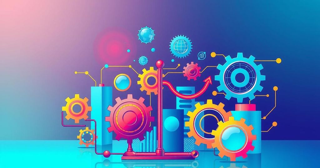 A futuristic abstract representation of AI technology impacting various industries with vibrant colors.