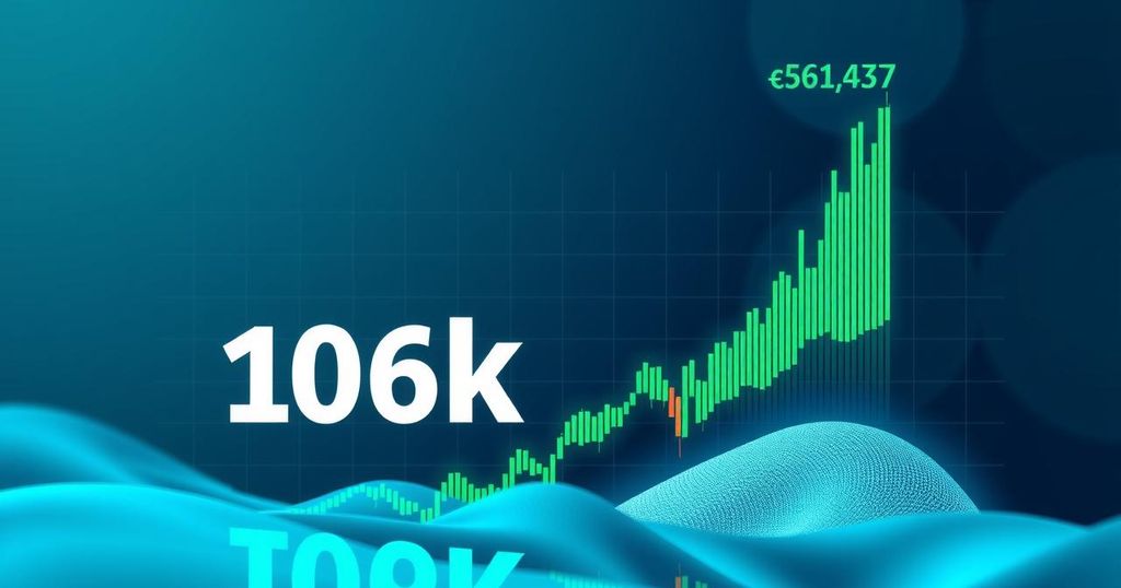 Bitcoin price chart depicting stability above 106K amid political tension, featuring green and blue tones for optimism.