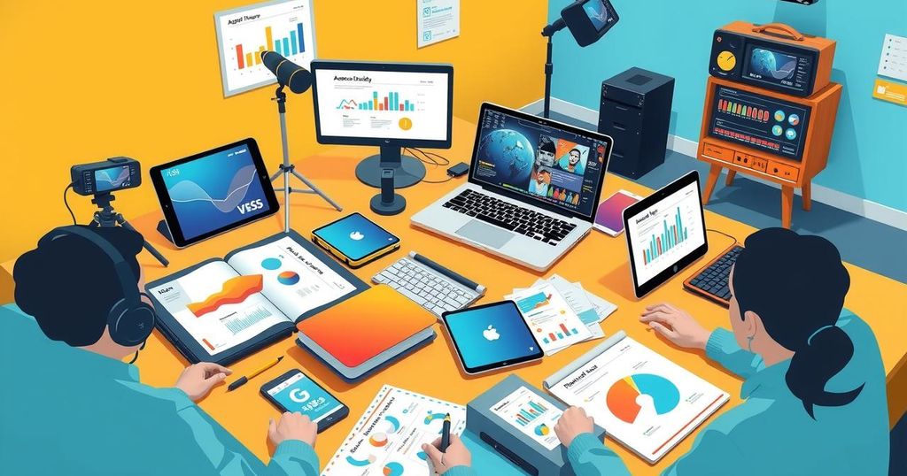 A vibrant workshop setting with digital tools and AI learning materials, reflecting a modern journalism training environment.
