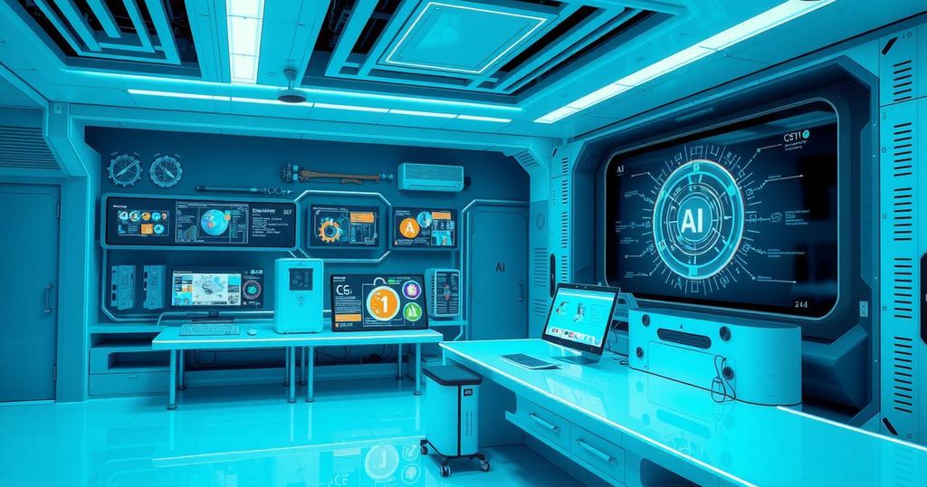 An AI-themed illustration features a vibrant lab with modern tech elements and a creative color palette.