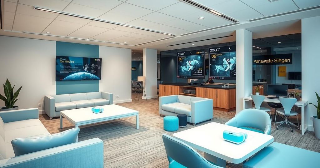 A modern tech workspace with digital tools emphasizing collaboration and efficiency, featuring soft colors and sleek design.