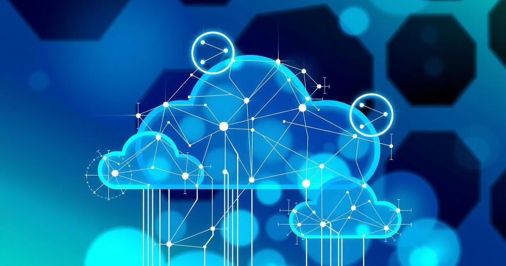 A digital abstract representation of artificial intelligence and cloud technology with vibrant blue and green colors.