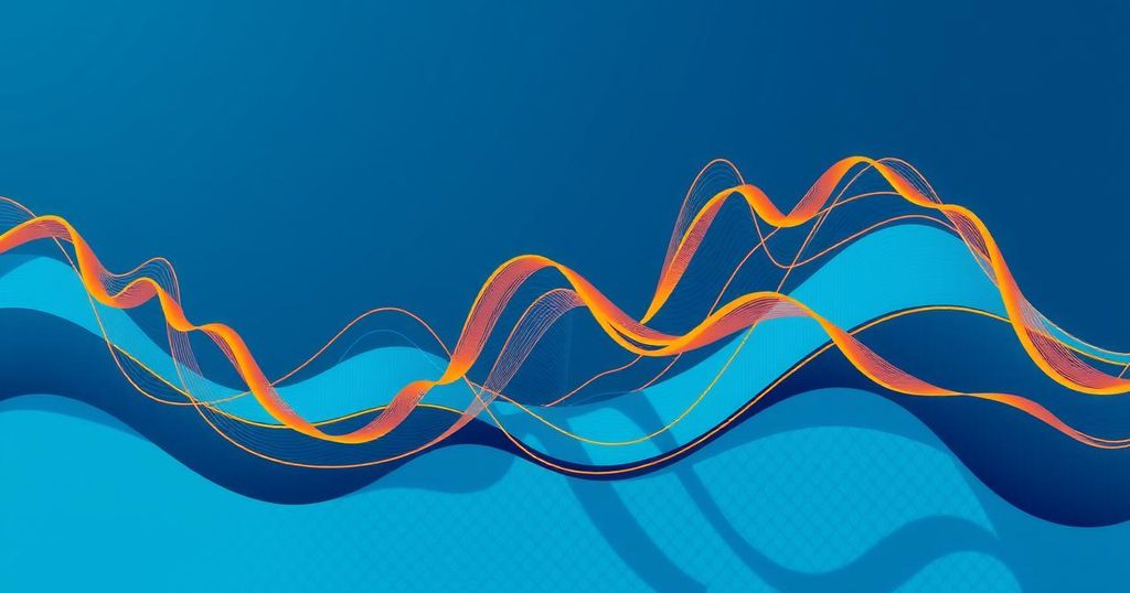 Abstract representation of Bitcoin price trends with dynamic lines and waves in blue and orange tones.
