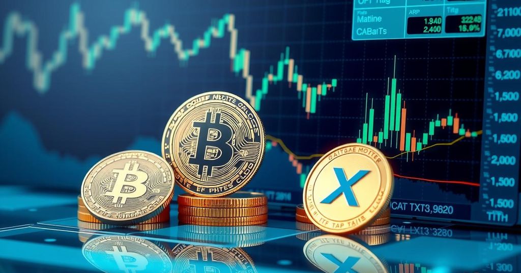 Symbolic bitcoin and XRP coins on a digital display with a financial chart, emphasizing crypto treasury strategies.