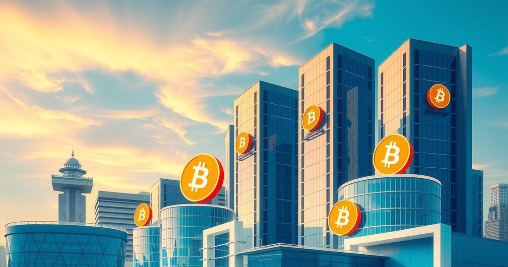 Digital finance revolution concept with Bitcoin symbols in a modern city setting, bright colors reflect optimism.