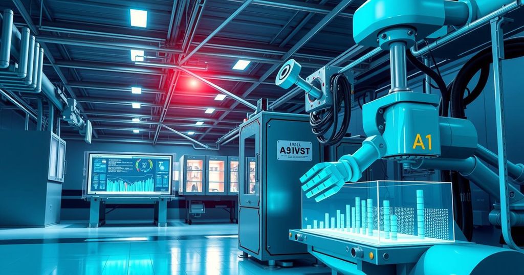 AI technology enhancing manufacturing processes in a modern industrial setting with vibrant colors and a sleek design.