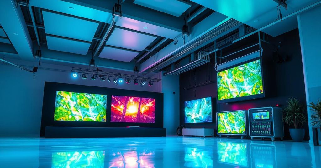Modern AV technology with vibrant displays, network connections, and sustainable elements in a sleek, high-tech environment.
