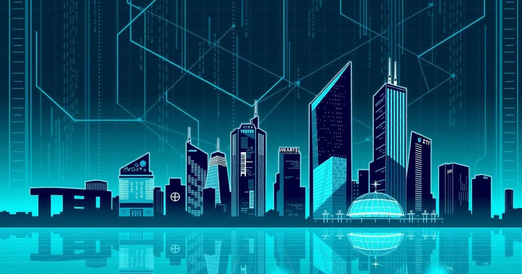 Silhouetted skyline of tech buildings under a digital overlay symbolizing AI, with a contrasting color palette in blues and greens.