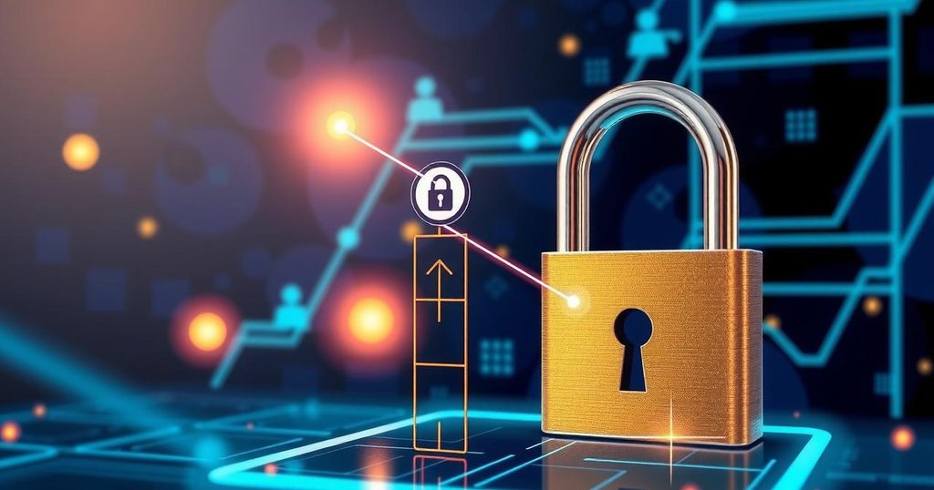 Abstract digital art representing cryptocurrency regulation with visual elements of a locked exchange platform and a padlock.