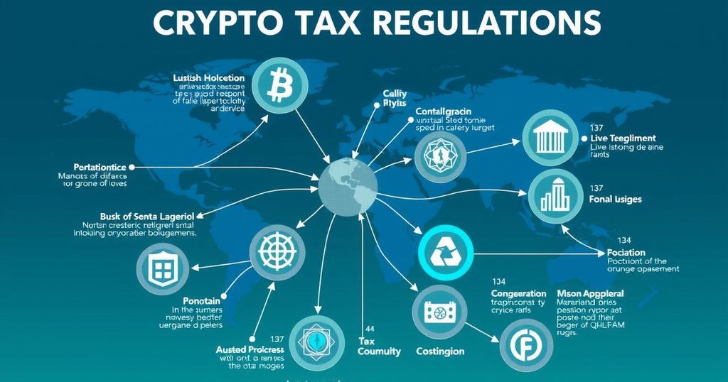 An infographic illustrating global crypto tax regulations with arrows and icons representing different jurisdictions and assets.