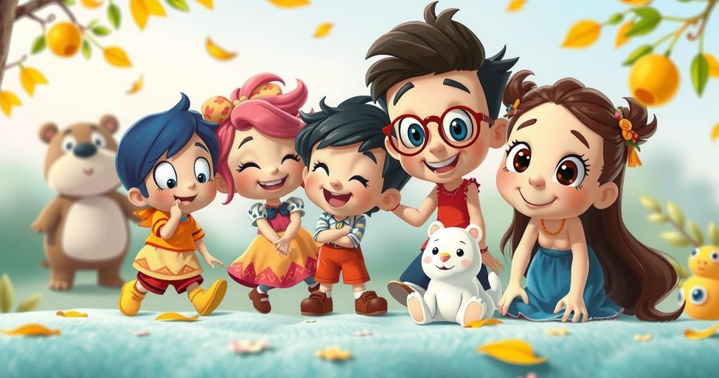 Colorful animation showcasing characters from a children's series, inspired by playful styles and vibrant hues.