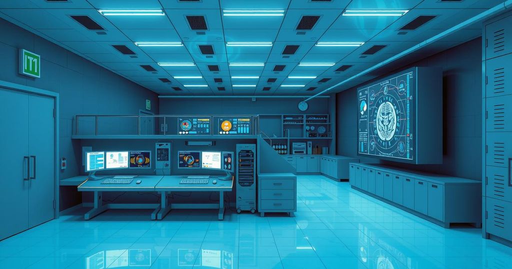 A modern research laboratory showcasing technology and collaboration in artificial intelligence with a sleek, professional design.