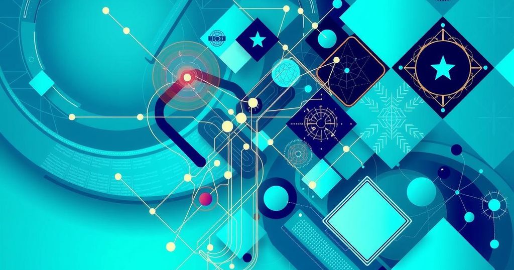 Abstract illustration of AI models representing trust and transparency with symbolic reasoning elements in blue and green hues.