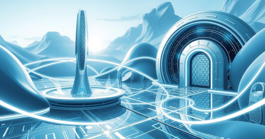 A futuristic landscape illustrating advanced technologies and innovation concepts, featuring digital elements and vibrant colors.