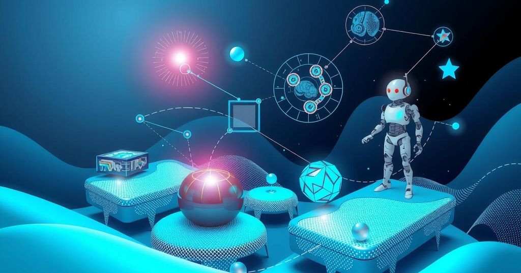 A futuristic digital landscape showing symbols of emerging technologies like AI, quantum computing and robotics.