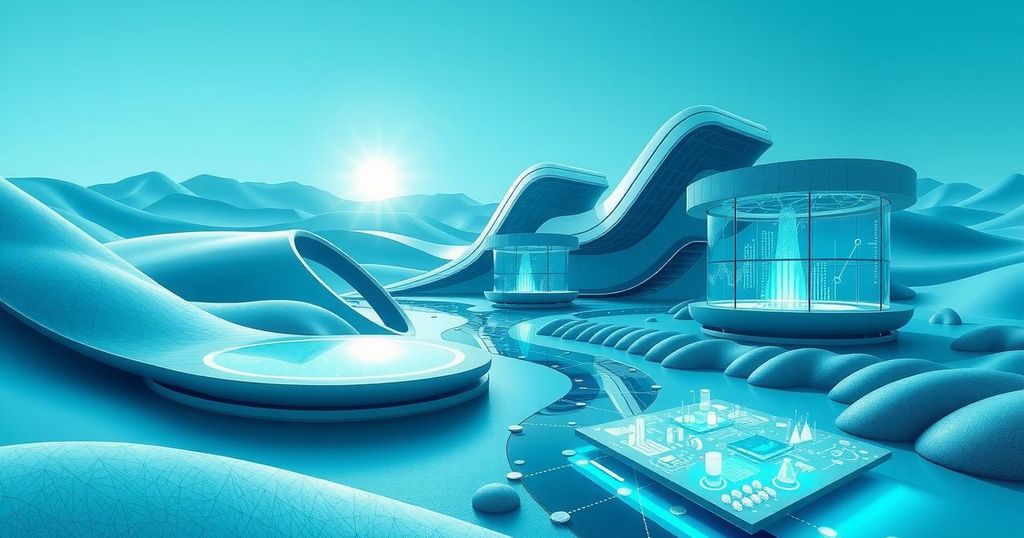 A futuristic landscape with AI technology elements, showcasing meteorology and hydrology advancements in blue and green tones.