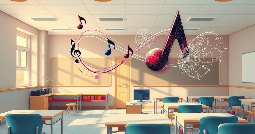 A serene classroom scene with musical notes and AI technology balanced creatively, in warm pastel tones.