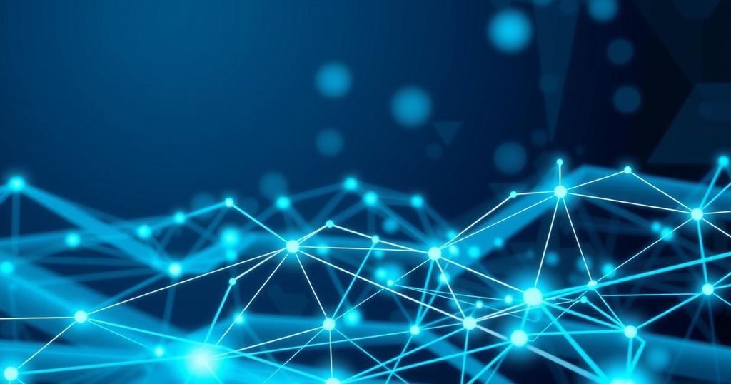 A vibrant digital landscape showcasing a blockchain network with interconnected nodes, symbolizing the launch of a new platform.