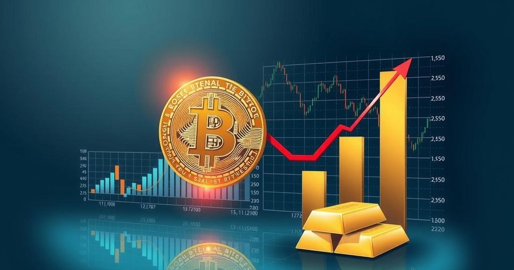 Bitcoin price drop with falling Nasdaq and gold surge amidst rising trade tensions, conveying economic uncertainty.