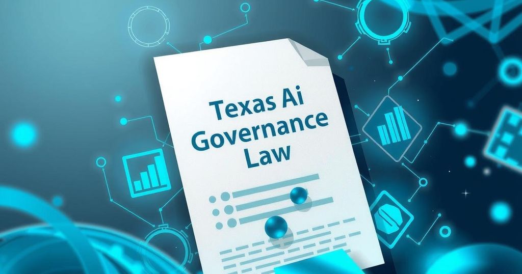 Texas AI governance law document with abstract tech designs in blue and gray tones, reflecting innovation and regulation.