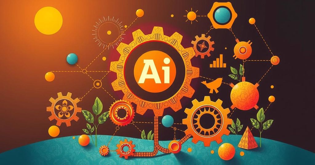 A vibrant digital art piece, showcasing the concept of collaborative AI in a balanced society, using warm colors.