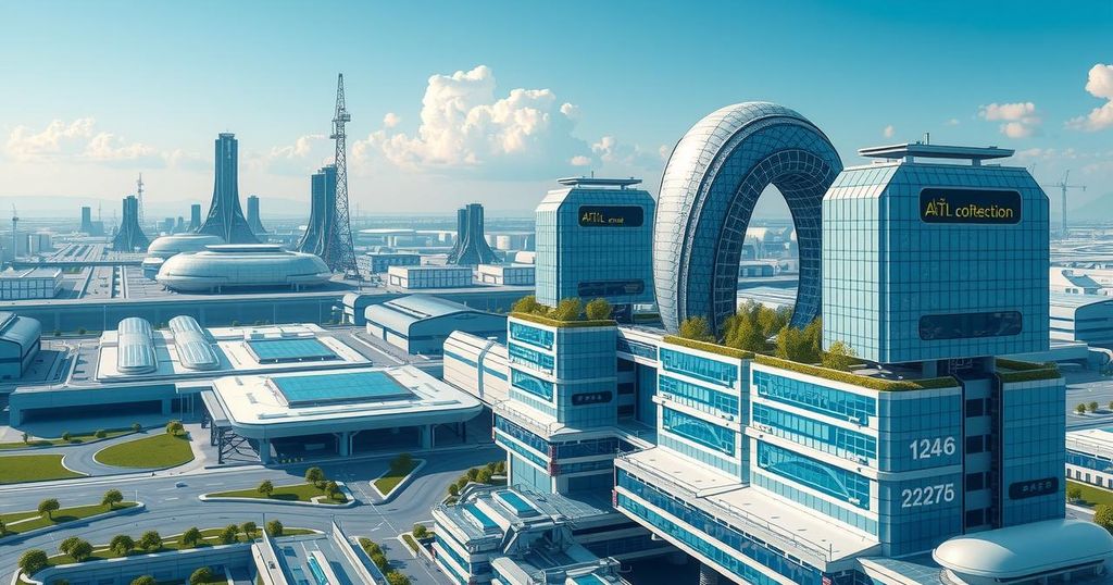 A futuristic industrial complex representing AI manufacturing with sleek designs and high-tech robotics.