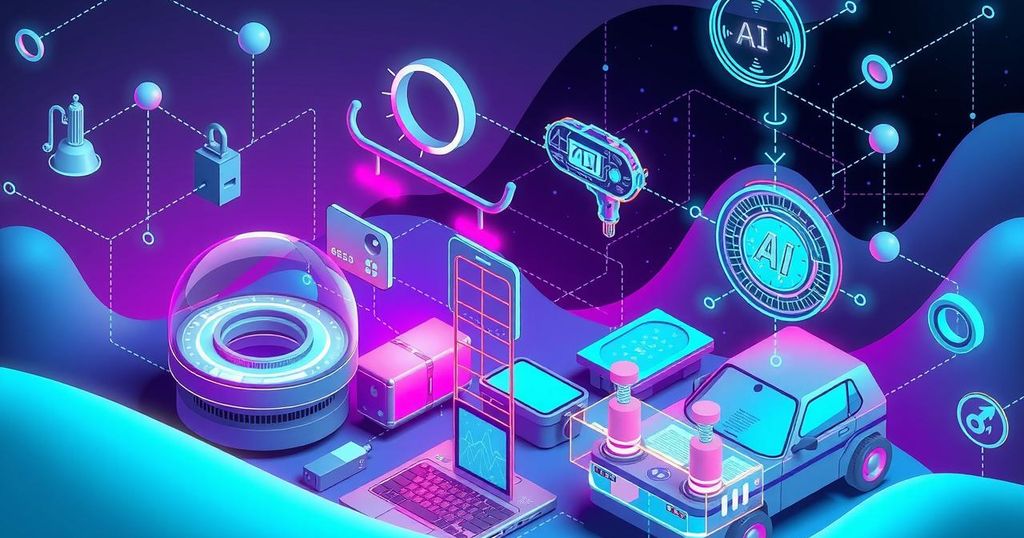 A futuristic digital landscape depicting advanced technologies like AI, AR, and IoT in vibrant colors.