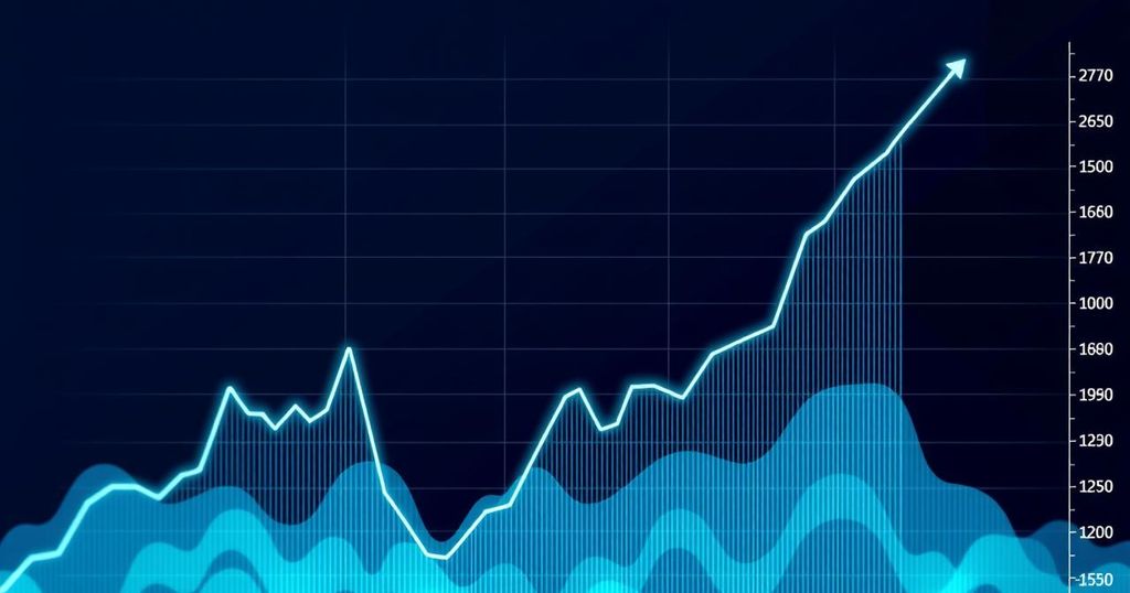 Graph showing Bitcoin price trend with upward movement and bullish signals, featuring blue and green colors in a sleek style.